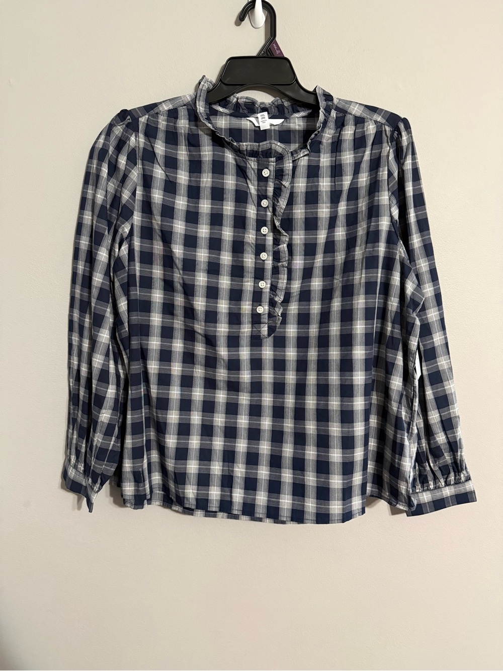 Time and Tru Women’s Blue White Plaid Ruffle Front Button Down Blouse XXL